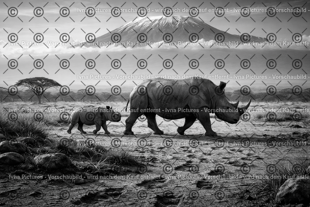 Nashorn und Kalb vor Kilimanjaro. | Ivna Pictures - Realisiert mit Pictrs.com
