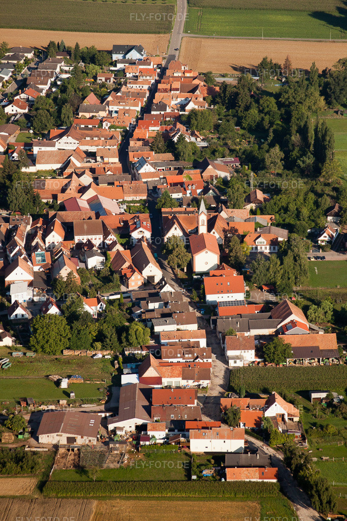 Luftbild: Ortsansicht der Straßen und Häuser der Wohngebiete im Ortsteil Mühlhofen in Billigheim-Ingenheim im Bundesland Rheinland-Pfalz in Deutschland. Foto: IMG_30910.jpg vom 07.08.2010 durch Werner Riehm/FLY-FOTO.de