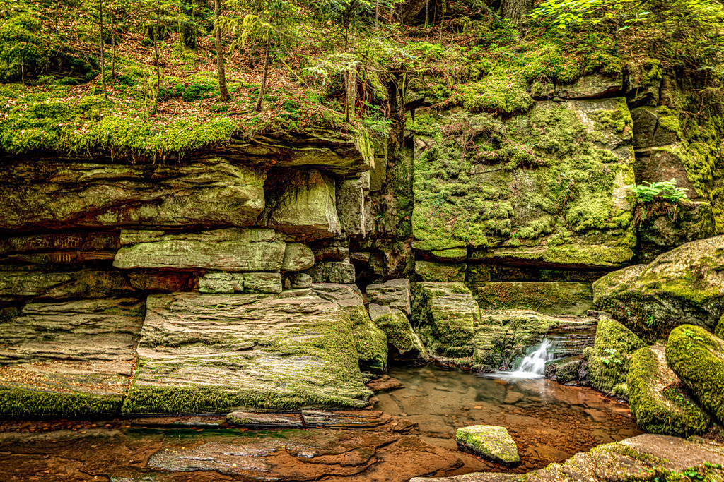 Felsen in der Monbachtalschlucht im Schwarzwald | Das Bild zeigt die wildromantische Monbachschlucht im Nordschwarzwald. Die Schlucht liegt bei Bad Liebenzell und ist ein beliebtes Natur- und Landschaftsschutzgebiet. Der Weg führt entlang des Monbachs über schmale Pfade, umgestürzte Baumstämme und bemooste Felsbrocken. Besucher können hier glitzernde Bäche, wilde Felsformationen und eine urwüchsige Pflanzenwelt erleben.  - Realisiert mit Pictrs.com