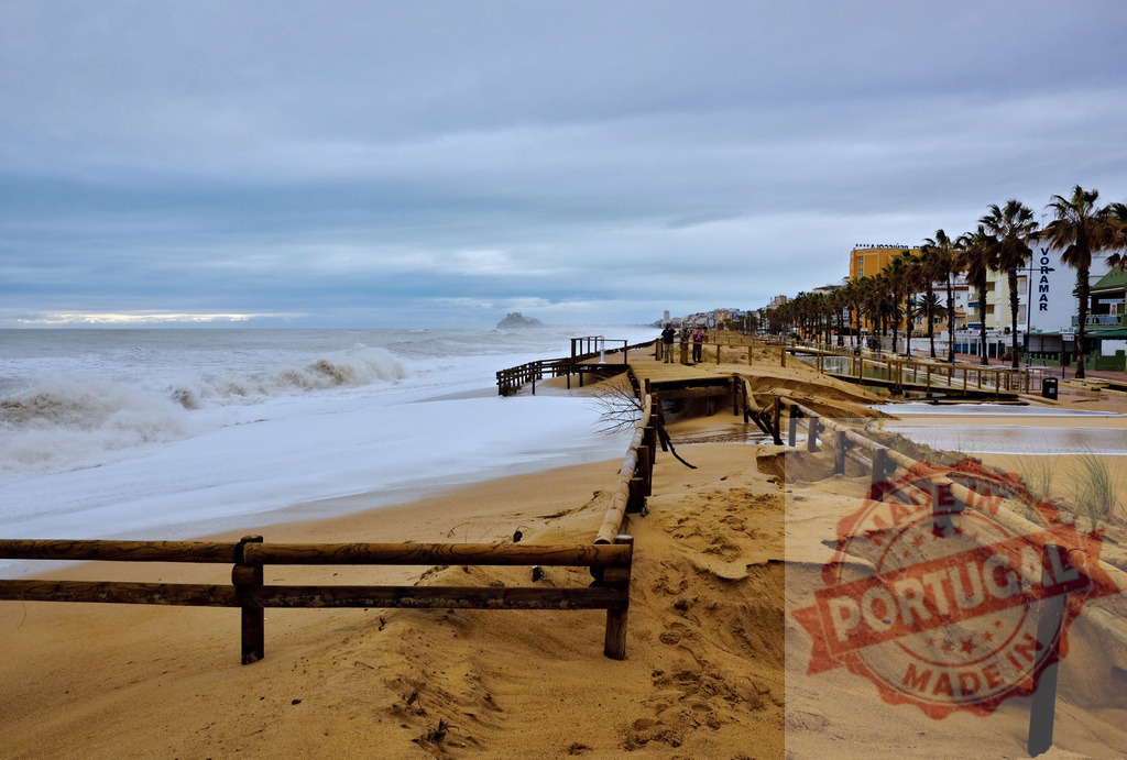 Coastal erosion impacting beach infrastructure after storm | Damaged beach and boardwalk from severe coastal erosion and storm waves - Realized with Pictrs.com