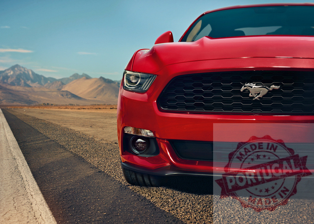Red Ford Mustang sports car on desert road | Red Ford Mustang parked on an empty desert highway with mountains in the background - Realized with Pictrs.com