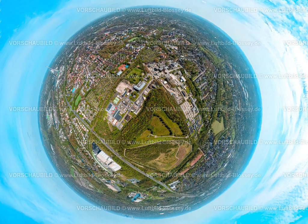 Herne230490071WanneUnserFritz-topaz | Luftbild, Zeche Pluto 2/3/7, Zeche Unser Fritz, Berghalde Pluto-Wilhelm, Thyssenhalde, Erdkugel, Fisheye Aufnahme, Fischaugen Aufnahme, 360 Grad Aufnahme, Wanne, Herne, Ruhrgebiet, Nordrhein-Westfalen, Deutschland