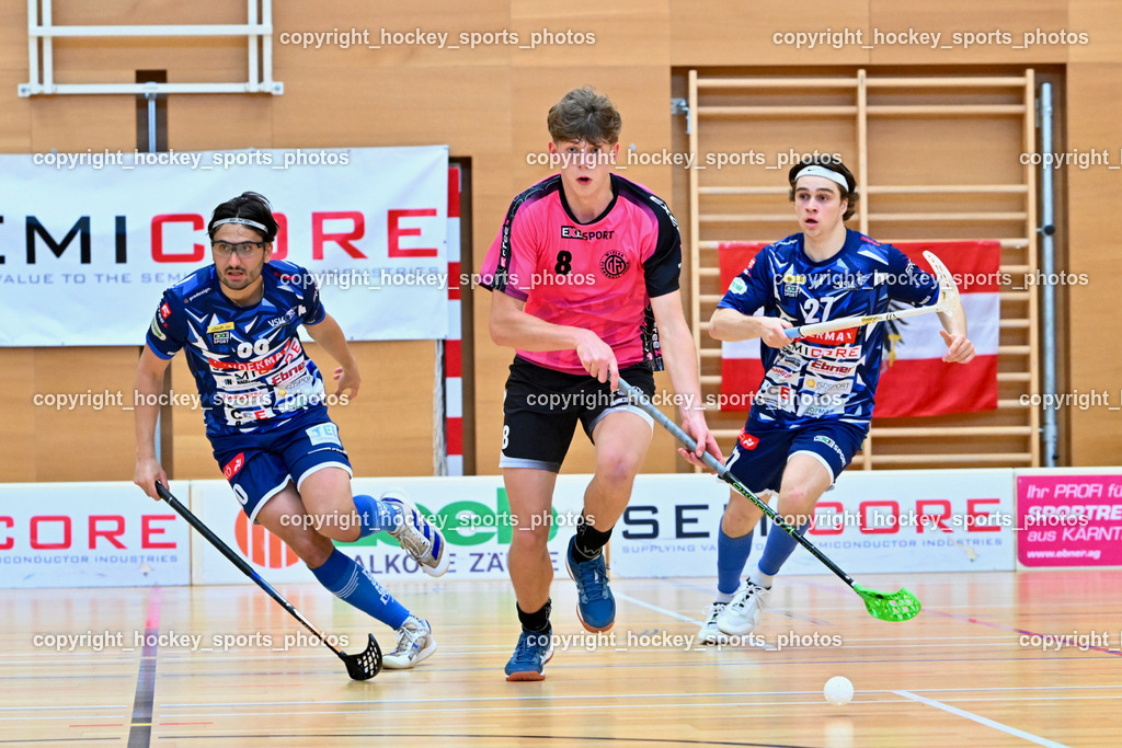 VSV Unihockey vs. Wiener Floorball Verein | #27 Lukas Floriantschitz VSV Unihockey, #8 KUSCHER Maximilian Wiener Floorballverein, #30 Christoph Steiner VSV Unihockey, VSV Unihockey vs. Wiener Floorball Verein, VSV Unihockey vs. Wiener Floorball Verein am 18.05.2025 in Villach (Ballspielhalle St. Martin), Austria, (Photo by Bernd Stefan)