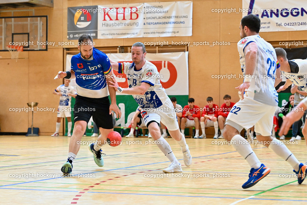 SC Ferlach vs. ALPLA HC Hard | #57 LEBAN Patrik SC Ferlach, #19 SCHNABL Nico SC Hard, #22 BABIC Dejan SC Hard, SC Ferlach vs. ALPLA HC Hard, SC Ferlach vs. ALPLA HC Hard am 05.04.2025 in Ferlach (Ballspielhalle Ferlach), Austria, (Photo by Bernd Stefan)