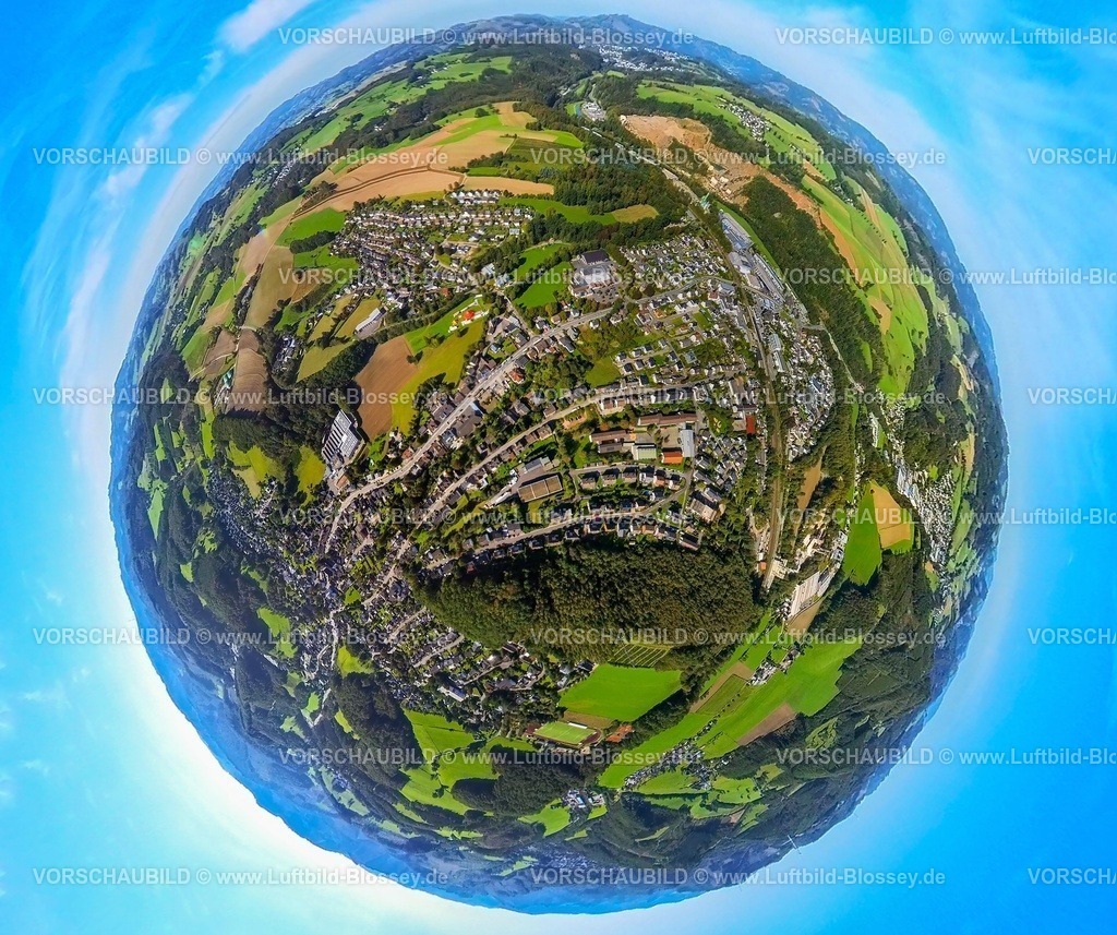 Lennestadt230990326hGrevenbrueck | Luftbild, Ortsansicht Ortsteil Grevenbrück, Erdkugel, Fisheye Aufnahme, Fischaugen Aufnahme, 360 Grad Aufnahme, tiny world, Grevenbrück, Lennestadt, Sauerland, Nordrhein-Westfalen, Deutschland
