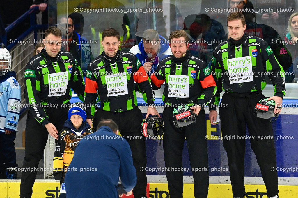 EC IDM WÄRMEPUMPEN VSV vs. EC KAC | Konc Daniel Referee, Hornsky Tomas Referee, Nikolic Manuel Referee, Durmis Oto Referee, EC IDM WÄRMEPUMPEN VSV vs. EC KAC, EC IDM WÄRMEPUMPEN VSV vs. EC KAC am 02.02.2025 in Villach (Stadthalle Villach), Austria, (Photo by Bernd Stefan)