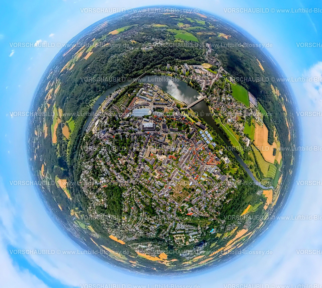 Essen230790239_Kettwig | Luftbild, Ortsansicht Ortsteil Kettwig mit Fluss Ruhr, Erdkugel, Fisheye Aufnahme, Fischaugen Aufnahme, 360 Grad Aufnahme, tiny world, Kettwig, Essen, Ruhrgebiet, Nordrhein-Westfalen, Deutschland