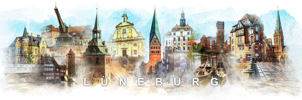 10220901 - Lüneburg Panorama Collage | Modernes Lüneburg Wandbild mit vielen Fotomotiven. Auf Wunsch können wir Ihnen das Bild auch ohne Text anbieten. Schreiben Sie uns dazu einfach an.
