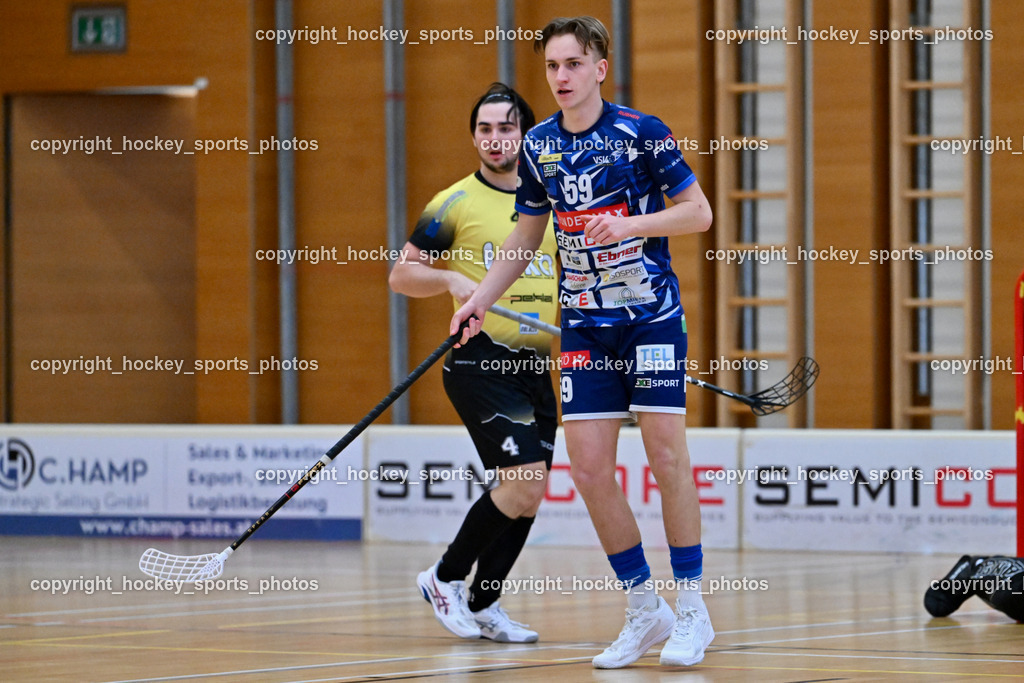VSV Unihockey  vs. FBK Loka  | #59 Nino Forelli VSV Unihockey, #4 Maj Oman FBK Loka, VSV Unihockey  vs. FBK Loka , VSV Unihockey  vs. FBK Loka  am 25.01.2026 in Villach (Ballspielhalle St. Martin), Austria, (Photo by Bernd Stefan)