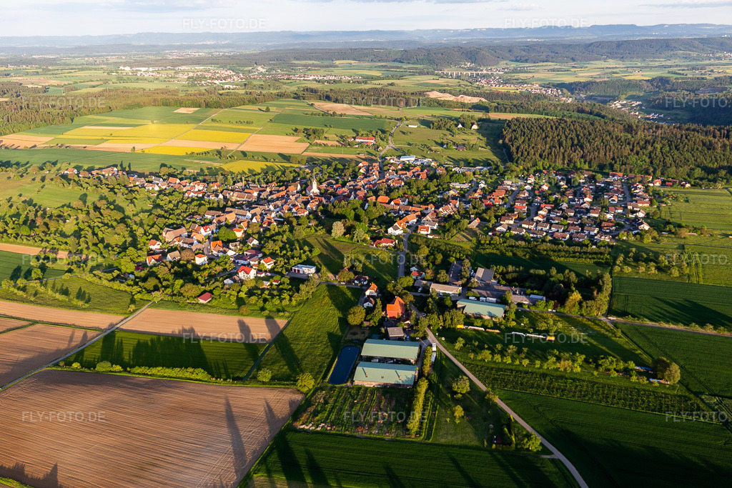 Luftbild: Wald- Gebiete und Forstflächen umsäumen das Siedlungsgebiet des Dorfes in Betra im Ortsteil Betra in Horb im Bundesland Baden-Württemberg in Deutschland. Foto: IMG_114855.jpg vom 31.05.2019 durch Werner Riehm/FLY-FOTO.de