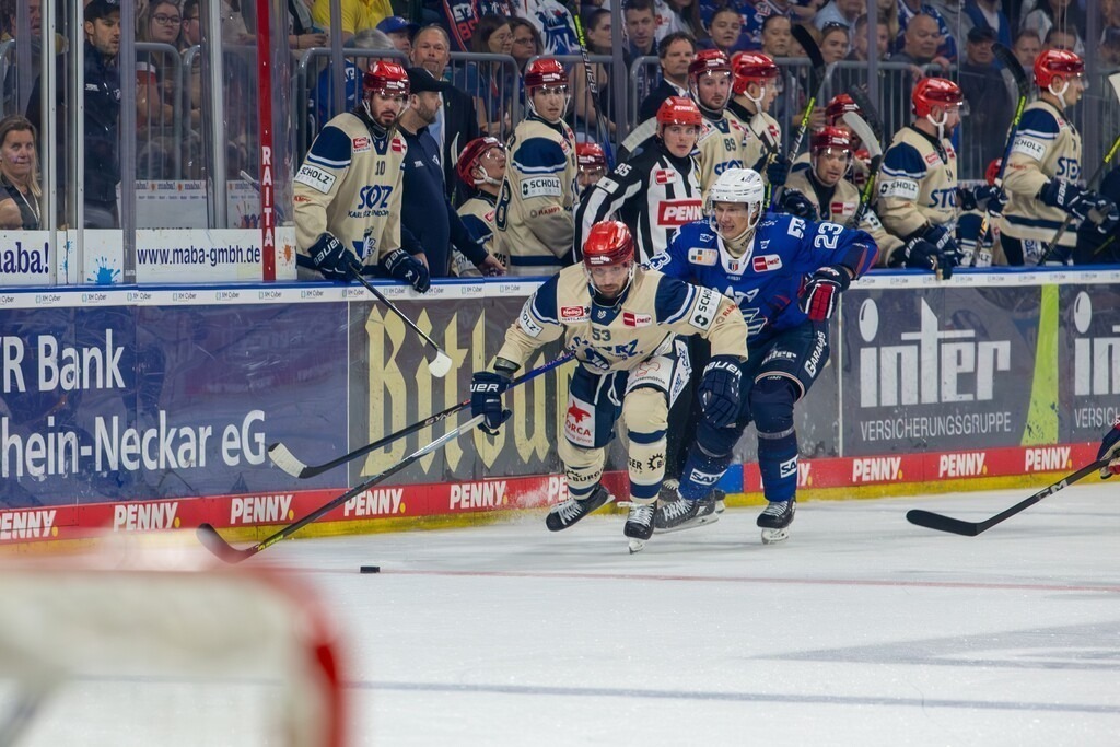 20.09.2024, DEL, Deutsche Eishockey Liga Saison 2024/25, 1. Spieltag: Adler Mannheim gegen Schwenninger Wild Wings. Bild: Alex Trivellato (53, Schwenningen) und Jyrki Jokipakka (23, Mannheim) im Kampf um den Puck | 20.09.2024, DEL, Deutsche Eishockey Liga Saison 2024/25, 1. Spieltag: Adler Mannheim gegen Schwenninger Wild Wings. Bild: Alex Trivellato (53, Schwenningen) und Jyrki Jokipakka (23, Mannheim) im Kampf um den Puck - Realisiert mit Pictrs.com