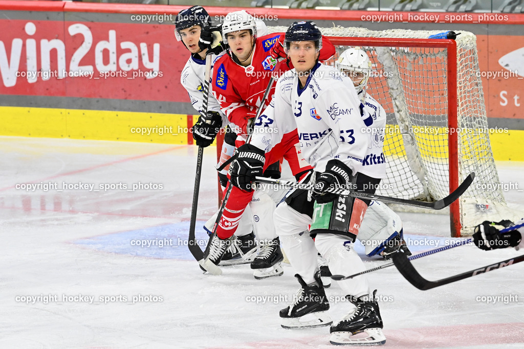 EC KAC Future Team vs. Die Adler Kitzbühl 7.10.2023 | #53 Ebner Mario EC Kitzbühel, #87 Urbanek Martin EC Kitzbühel, EC KAC Future Team vs. Die Adler Kitzbühl 7.10.2023, EC KAC Future Team vs. Die Adler Kitzbühl am 07.10.2023 in Klagenfurt (Messehalle Klagenfurt), Austria, (Photo by Bernd Stefan)