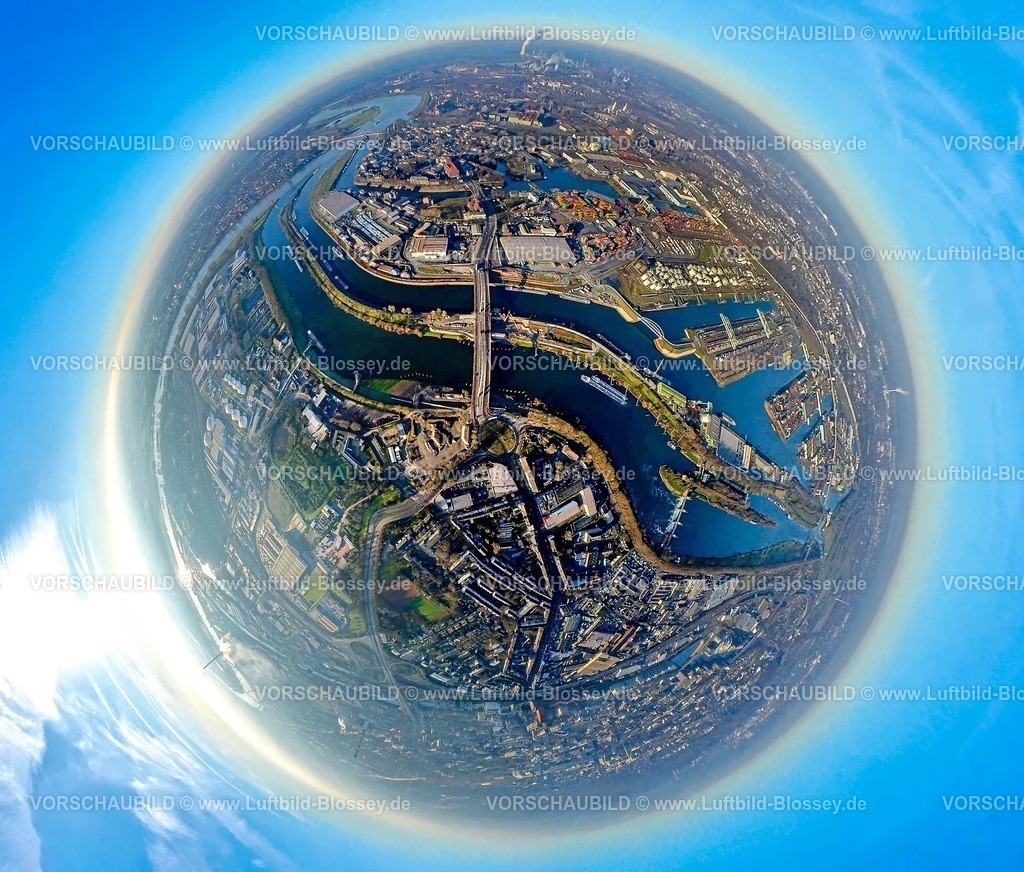 Duisburg241290129DuisportHafen_DGT_DuisburgGatewayTerminalTOPAZ | Luftbild, Duisburg Hafen duisport mit Duisburg Gateway Terminal (DGT) Containerterminal, Ruhrort mit Karl-Lehr-Brücke über den Fluss Ruhr, Erdkugel, Fisheye Aufnahme, Fischaugen Aufnahme, 360 Grad Aufnahme, tiny world, little planet, fisheye Bild, Ruhrort, Duisburg, Ruhrgebiet, Nordrhein-Westfalen, Deutschland