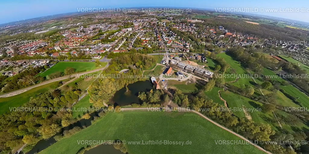 Hamm230490002HeessenSchlossmuehle-topaz | Luftbild, Baustelle Schlossmühle am Mühlengraben mit Mühlenteich, Erdkugel, Fisheye Aufnahme, Fischaugen Aufnahme, 360 Grad Aufnahme, Stadtbezirk Heessen, Hamm, Ruhrgebiet, Nordrhein-Westfalen, Deutschland