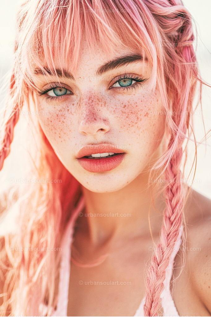 Woman With Pink Braided Pigtails | This stunning canvas artwork features a vibrant portrait of a woman with pink braided hair, striking green eyes, and freckled skin. The soft lighting and vivid colors create a dreamy, ethereal effect, making it a perfect addition to contemporary interiors. Ideal for those who appreciate bold, modern, and captivating wall art. - Realisiert mit Pictrs.com