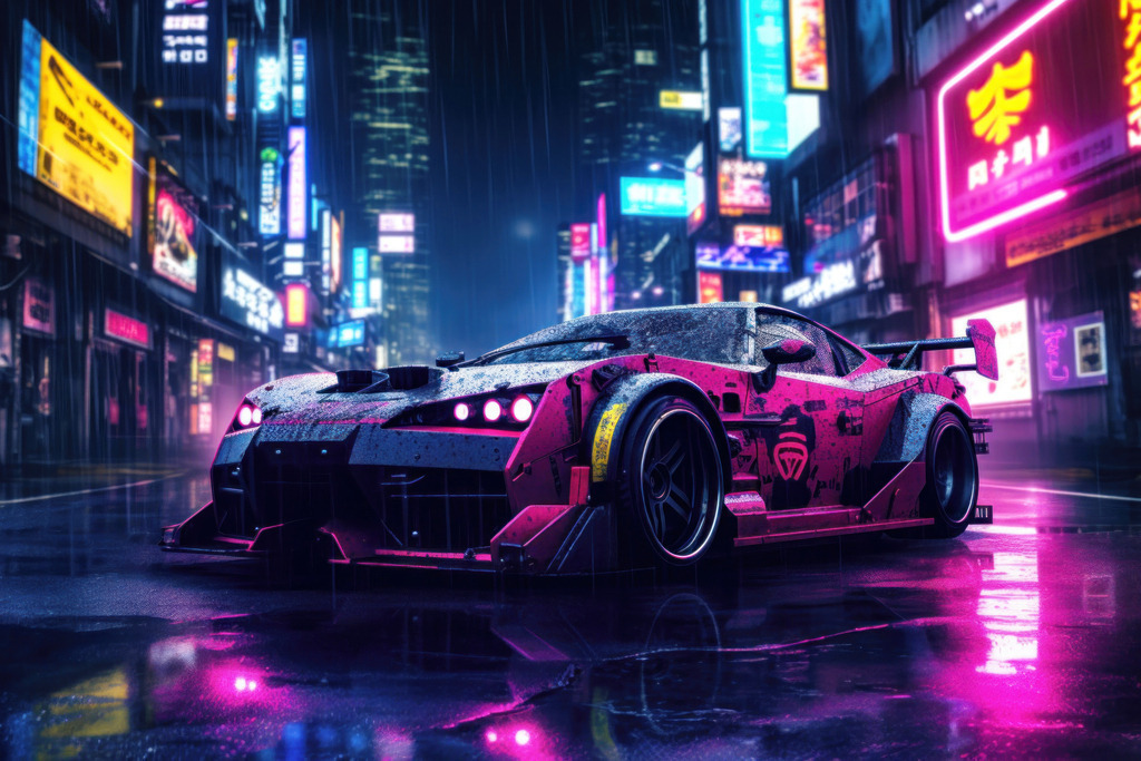 2309028 - Cyperpunk Car | Neon-Cyberpunk Auto in einer dunklen modernen asiatischen Stadt.