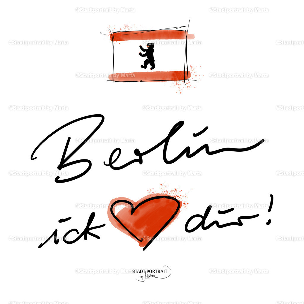 Berlin, ick liebe dir! – Berliner Kunstdruck | Berlin, ick liebe dir! Das Ganze handschriftlich, mit Berliner Flagge, Humor und einem bärig großen Herz. Locker flockig - typisch Stadtportrait by Marta eben.Ein liebevolles Berlin-Motiv für alle, die ihre Verbundenheit mit der Hauptstadt als Poster, Leinwand oder Kunstdruck zeigen möchten.