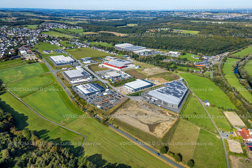 Arnsberg230904282 | Luftbild, Gewerbegebiet Gut-Nierhof II Vosswinkel, Umarex Logistikzentrum, Baustelle und Neubau, Voßwinkel, Arnsberg, Sauerland, Nordrhein-Westfalen, Deutschland