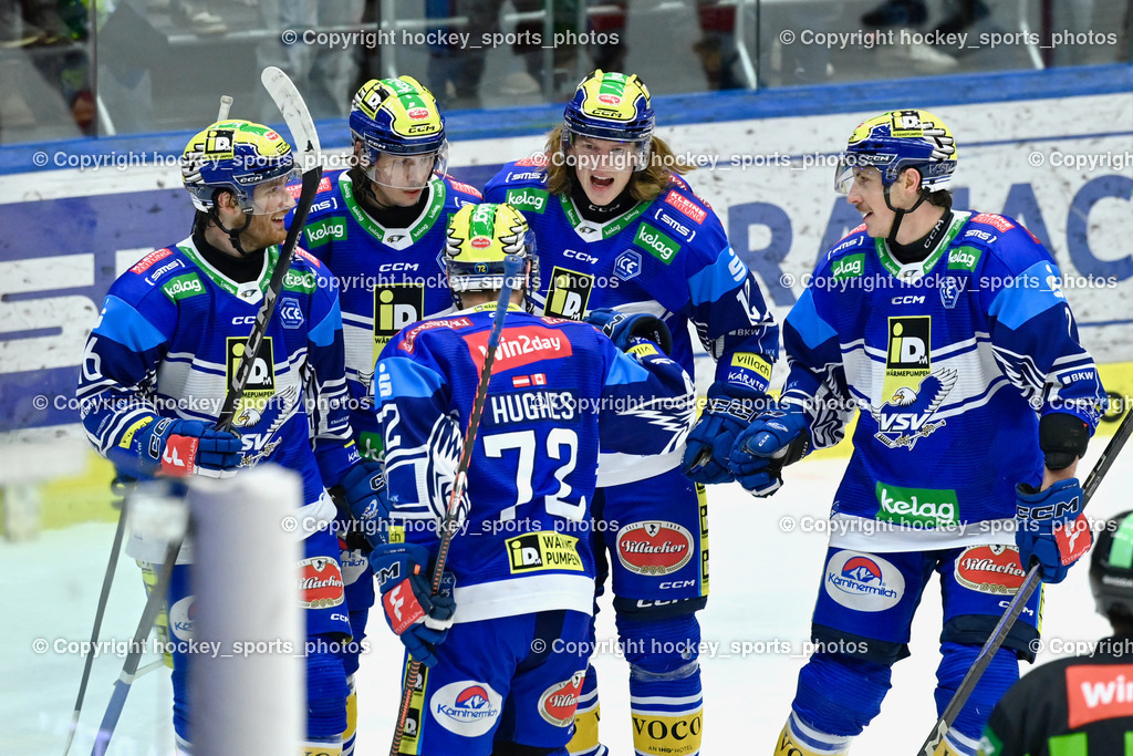 EC IDM WÄRMEPUMPEN VSV vs. EC KAC | Jubel EC VSV Mannschaft, #16 HANCOCK Kevin EC VSV, #22 SCHERBAK Nikita EC VSV, #72 HUGHES John EC VSV, #2 MACPHERSON Dylan EC VSV, EC IDM WÄRMEPUMPEN VSV vs. EC KAC, EC IDM WÄRMEPUMPEN VSV vs. EC KAC am 02.02.2025 in Villach (Stadthalle Villach), Austria, (Photo by Bernd Stefan)