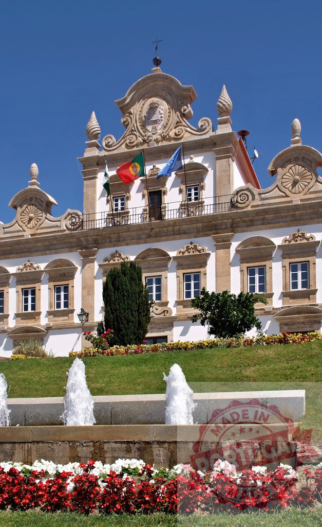 Baroque architecture of municipal palace in Portugal | Baroque municipal palace building and fountain in a garden under a clear blue sky - Realized with Pictrs.com