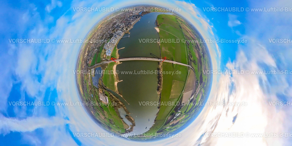 Emmerich240390147Rheinbruecke | Luftbild, Emmericher Rheinbrücke und Ortsansicht, Fluss Rhein, Erdkugel, Fisheye Aufnahme, Fischaugen Aufnahme, 360 Grad Aufnahme, tiny world, little planet, fisheye Bild, Hurendeich, Kleve, Nordrhein-Westfalen, Deutschland