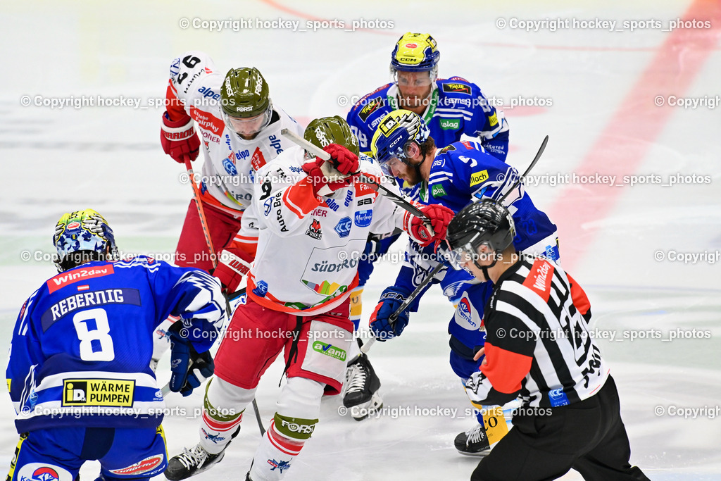 EC IDM Wärmepumpen VSV vs. HC Bozen 19.9.2023 | #8 REBERNIG Maximilian,  #92 Thomas Christian, #9 RAUCHENWALD Alexander, #88 Anthony Luciani, Piragic Trpimir Referee, win2day icehockeyleague, EC IDM Wärmepumpen - HC Bozen  am 19.09.2023 in Villach (Stadhalle Villach), Austria, (Photo by Bernd Stefan)