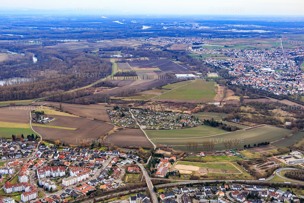 Luftbild: Kleingärtner Kugelfang in Speyer im Bundesland Rheinland-Pfalz in Deutschland. Foto: IMG_086132.jpg vom 12.02.2016 durch Werner Riehm/FLY-FOTO.de