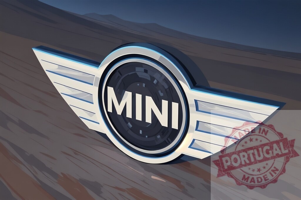 MINI automotive brand logo with blue accents | MINI brand emblem with futuristic metallic wings against a brown and blue background - Realisiert mit Pictrs.com