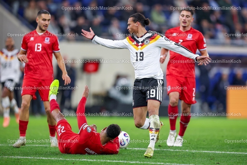 DFB14112501111 | 14.11.2025, Fußball, Länderspiel, WM-Qualifikation Europa, Deutschland - Luxemburg, Stade de Luxembourg (Croix de Gasperich, Luxemburg), 9. Spieltag, Saison 2025 2026: Marvin Martins (LUX #22) und Seid Korac (LUX #02) im Zweikampf gegen  Leroy Sane (GER #19)  Regulations prohibit any use of photographs as image sequences and or quasi-video.