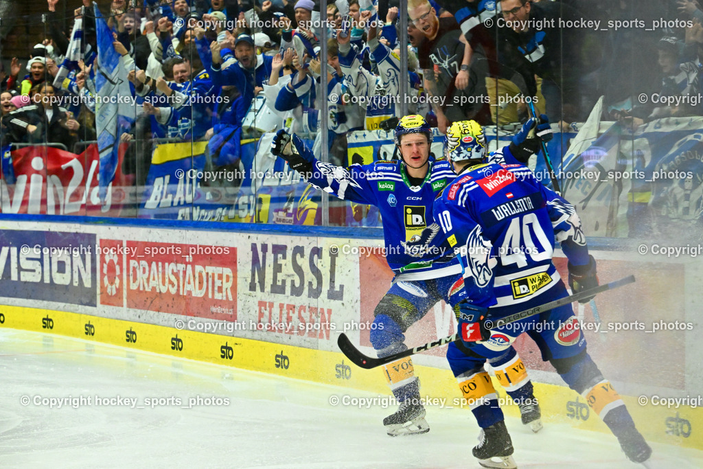EC VSV vs. HC Bozen 16.2.2024 | Jubel EC VSV, #74 Golod Maxime, #40 WALLENTA Elias,  EC VSV vs. HC Bozen 16.2.2024, EC VSV vs. HC Bozen 16.2.2024 am 16.02.2024 in Villach (Stadthalle Villach), Austria, (Photo by Bernd Stefan)