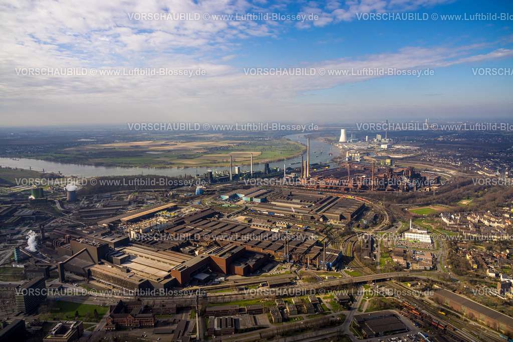 Duisburg240304483 | Luftbild, Thyssenkrupp Steel Europe Werk mit Blick zum STEAG Kraftwerk Walsum, Fluss Rhein und wolkiger Himmel, Marxloh, Duisburg, Ruhrgebiet, Nordrhein-Westfalen, Deutschland, Duisburg-N