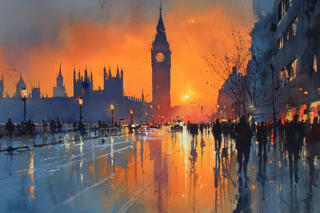 2509008 - London Impression | London Gemälde im Aquarell-Stil. Bestelle dieses Motiv als hochwertigen Kunstdruck, z.B. auf Leinwand oder hinter Acrylglas in vielen Formaten mit versandkostenfreier Lieferung innerhalb Deutschlands.