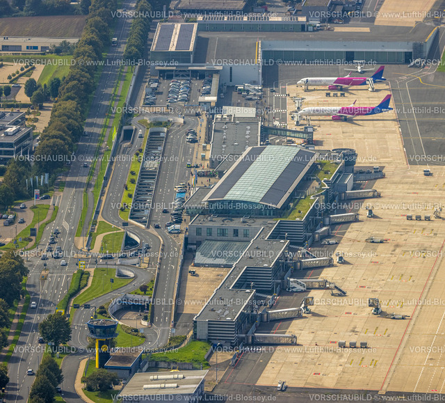 Dortmund230901208 | Luftbild, Flughafen Dortmund Airport mit Terminal, Flugzeuge Wizz Air wizzair.com, Wickede, Dortmund, Ruhrgebiet, Nordrhein-Westfalen, Deutschland