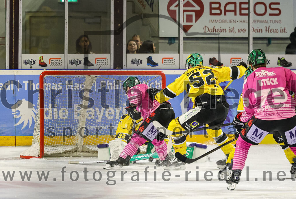 2025-10-28_047_TSV_Erding_gegen_Toelzer_Loewen | Erding, Deutschland, 28.10.2025:Eishockey, Oberliga Süd 2025 / 2026, 13. Spieltag, TSV Erding gegen Tölzer Löwen, Endergebnis: 2:5Torwart Matthias Bittner (Tölzer Löwen, #32), Thomas Matheson (Erding Gladiators, #37), Dennis Dietmann (Tölzer Löwen, #52), Pascal Steck (Erding Gladiators, #73)Foto: Christian Riedel / fotografie-riedel.net