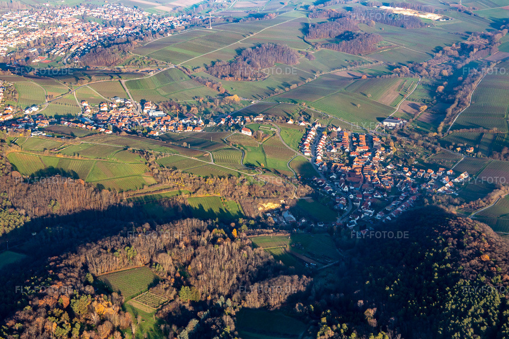 Luftbild: Ortsansicht von Westen im Ortsteil Gleiszellen in Gleiszellen-Gleishorbach im Bundesland Rheinland-Pfalz in Deutschland. Foto: IMG_135329.jpg vom 12.12.2022 durch Werner Riehm/FLY-FOTO.de