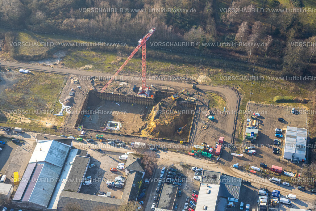 Essen260101001 | Luftbild, Baustelle und Baukran an der Hilgerstraße, Bebauungsplan Thurmfeld-Areal, Gewerbegebiet am Segerothpark, Altenbergmühle, Nordviertel, Essen, Ruhrgebiet, Nordrhein-Westfalen, Deutschland