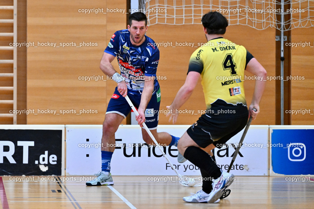 VSV Unihockey  vs. FBK Loka  | #6 Timo Schmid VSV Unihockey, #4 Maj Oman FBK Loka, VSV Unihockey  vs. FBK Loka , VSV Unihockey  vs. FBK Loka  am 25.01.2026 in Villach (Ballspielhalle St. Martin), Austria, (Photo by Bernd Stefan)