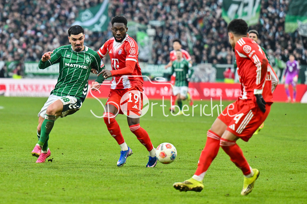 SV Werder Bremen - FC Bayern München | BREMEN, GERMANY - 14. FEBRUARY: im duell Cameron PUERTAS CASTRO (SV Werder Bremen 18) und Alphonso DAVIES (FC Bayern Munich 19) während dem Bundesligamatch zwischen dem SV Werder Bremen und dem FC Bayern München am 22. Spieltag im Weserstadion / DFL REGULATIONS PROHIBIT ANY USE OF PHOTOGRAPHS AS IMAGE SEQUENCES AND/OR QUASI-VIDEO