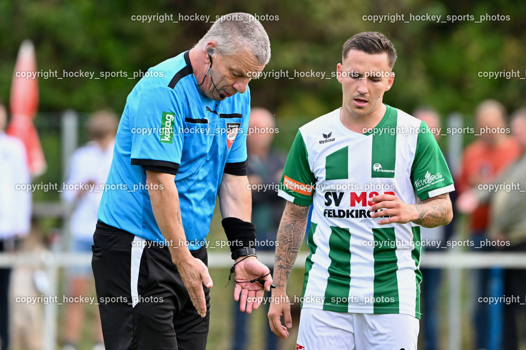 SV Falle Maria Gail vs. SV Feldkirchen | Heinz Dorfer Referee, #19 Dominik Mak SV Feldkirchen, SV Falle Maria Gail vs. SV Feldkirchen, SV Falle Maria Gail vs. SV Feldkirchen am 14.09.2025 in Villach (Sportplatz Maria gail), Austria, (Photo by Bernd Stefan)