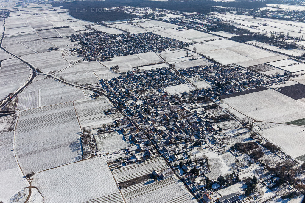 Luftbild: Winterluftbild im Schnee im Ortsteil Dammheim in Landau im Bundesland Rheinland-Pfalz in Deutschland. Foto: IMG_124697.jpg vom 11.02.2021 durch Werner Riehm/FLY-FOTO.de