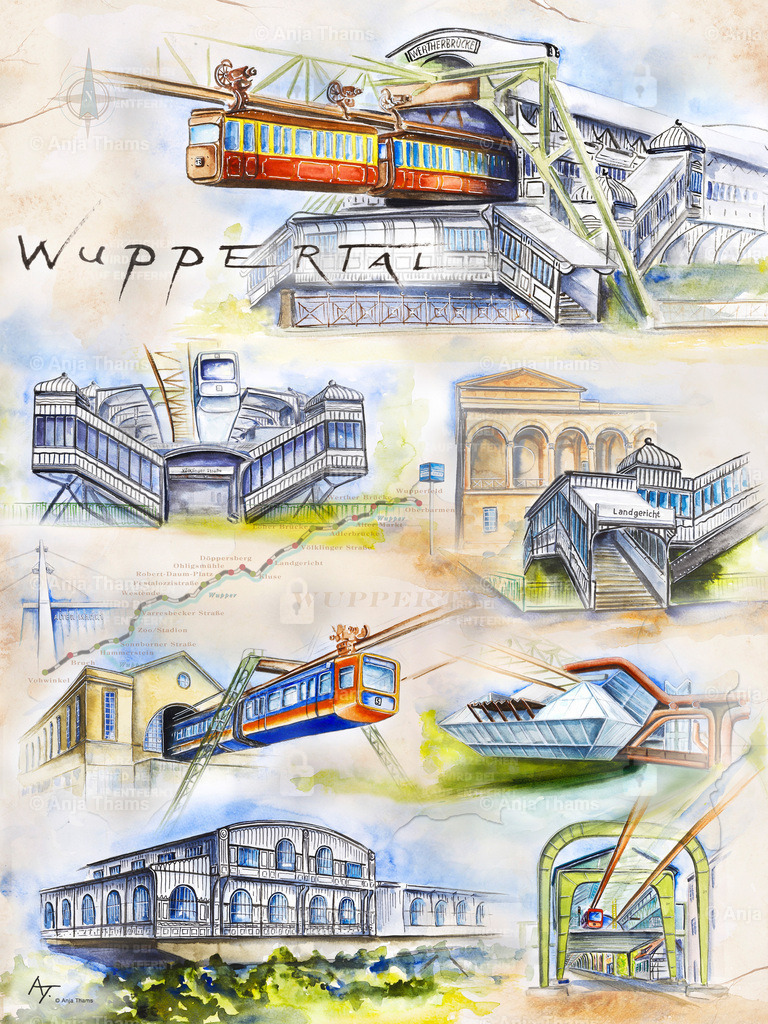 Bahnhöfe der Schwebebahn | Auf diesem Stadtposter sind die schönsten Schwebebahnhöfe zu finden: Werther Brücke, Völklinger Strasse und Landgericht, Alter Markt, Döppersberg und Ohligsmühle, weiterhin die Station Bruch auf der Landstrecke in Vohwinkel. Vervollständigt wird das Bild durch die historische Wagenhalle in Oberbarmen. - Realisiert mit Pictrs.com