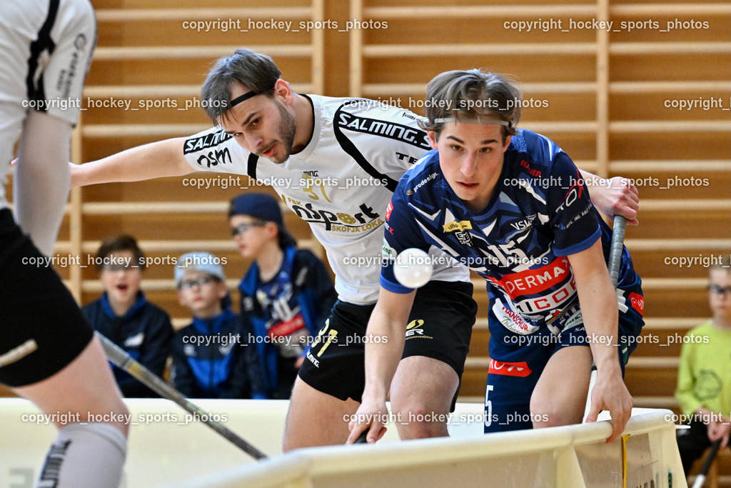FBK Loka vs. VSV Unihockey | #31 Nejc Oman FBK Loka, #15 Tristan Bogataj VSV Unihockey, FBK Loka vs. VSV Unihockey, FBK Loka vs. VSV Unihockey am 23.03.2025 in Villach (Ballspielhalle St. Martin), Austria, (Photo by Bernd Stefan)