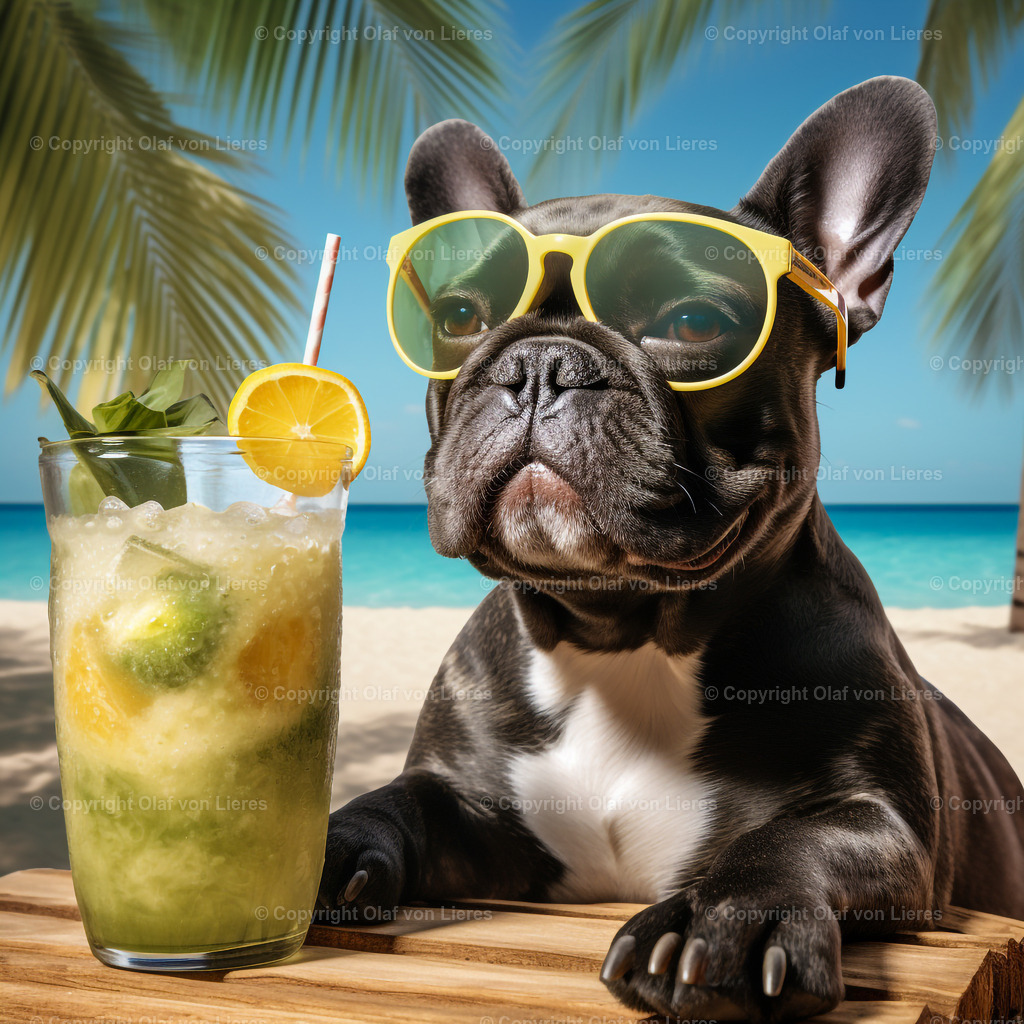 Mops mit Sonnenbrille | Bulldogge mit Drink am sonnigen Strand