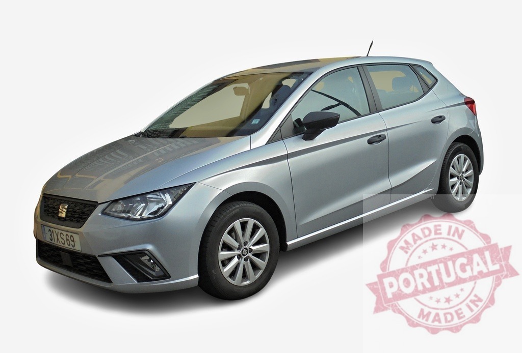 Silver SEAT Ibiza parked on white background | Modern silver SEAT Ibiza car parked on a white background, showcasing its sleek and compact design - Realized with Pictrs.com