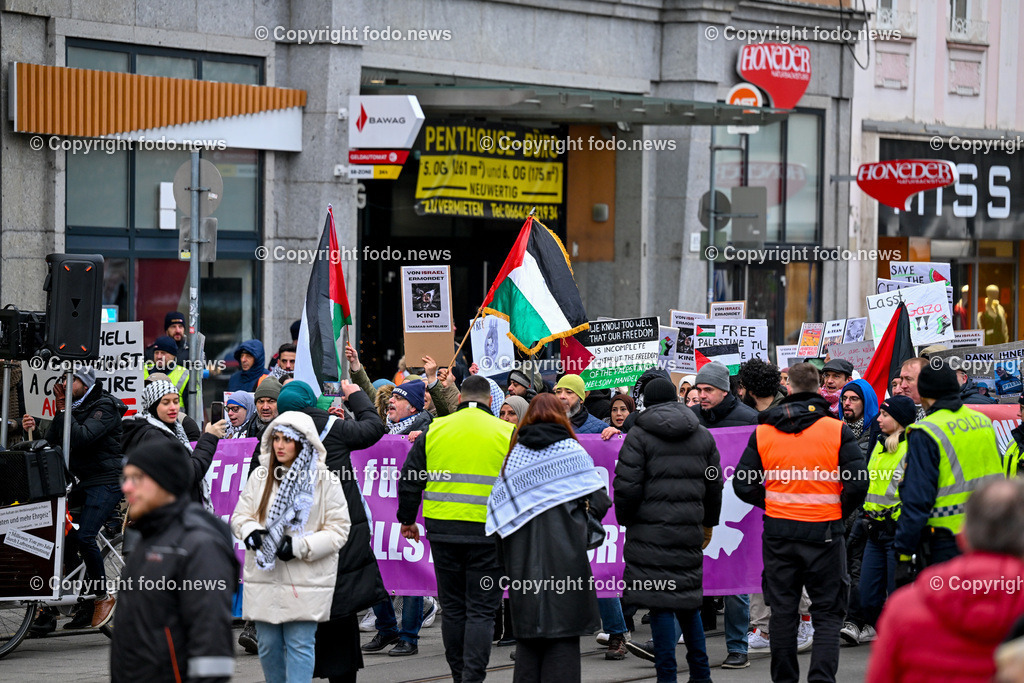 Demonstration Paleastina in Linz_ Pro Gaza_ 14.01.2024-38 | 14.01.2024, Linz, AUT, Demonstration, im Bild Palästina, Palaestina, Gaza, Demoteilnehmer, Teilnehmer, Kundgebung, Plakate, Fahnen, Polizei, Beamte, Polizeifahrzeuge, Einsatzkraefte, Israel, Krieg, Hamas, Geisel, Freiheit, Frieden