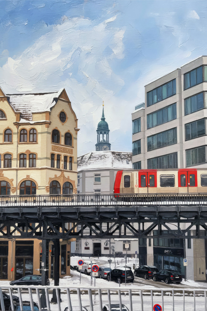 10260113 - Michel und U-Bahn | Blick auf die U-Bahn und den Michel an den Landungsbrücken im Gemälde-Look.