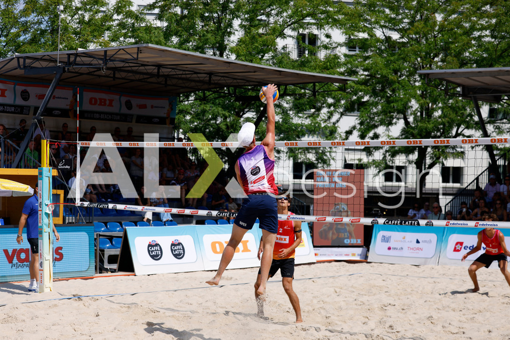Obi BeachTour 2026 - Basel | BASEL, SWITZERLAND - JULY 18: VILLADS FLÜGGE NAPIER (DEN) attack / spike during the Obi BeachTour 2026 match between ALLEMANN / LEFFLER (SUI) and MASSEREY / SCHNEGG (SUI) at Barfüsserplatz on July 18, 2026 in Basel, Switzerland. - Realisiert mit Pictrs.com