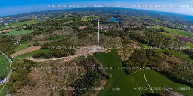 Breckerfeld240590265AVU-WindkraftwerkGloertalsperre | Luftbild, AVU Windrad nahe der Brantener Straße, Baustelle mit Neubau, Waldgebiet Landwehr mit Waldschäden, rechts die Glörtalsperre, Erdkugel, Fisheye Aufnahme, Fischaugen Aufnahme, 360 Grad Aufnahme, tiny world, little planet, fisheye Bild, Branten, Breckerfeld, Ruhrgebiet, Nordrhein-Westfalen, Deutschland