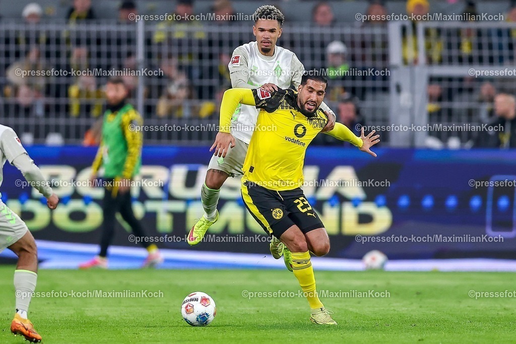 BVB13012601066 | 11.01.2026, Fußball, Borussia Mönchengladbach - FC Augsburg, 1. Fußball Bundesliga, 16.Spieltag, Borussia-Park, Saison 2025 2026: Justin Njinmah (SV Werder Bremen #11) im Zweikampf gegen  Emre Can  (BVB #23)  DFB regulations prohibit any use of photographs as image sequences and or quasi-video.