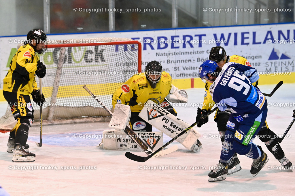 ESC Steindorf vs. MET PHOTOVOLTAIK HORNETS SPITTAL | #96 Peharz Joshua EC Hornets Spittal, #1 Zauchner Rene EC Hornets Spittal, #16 Nageler Daniel EC Hornets Spittal, #95 Gelfanov Ruslan ESC Steindorf, ESC Steindorf vs. MET PHOTOVOLTAIK HORNETS SPITTAL, ESC Steindorf vs. MET PHOTOVOLTAIK HORNETS SPITTAL am 26.10.2024 in Steindorf (Ossiachersee Halle), Austria, (Photo by Bernd Stefan)
